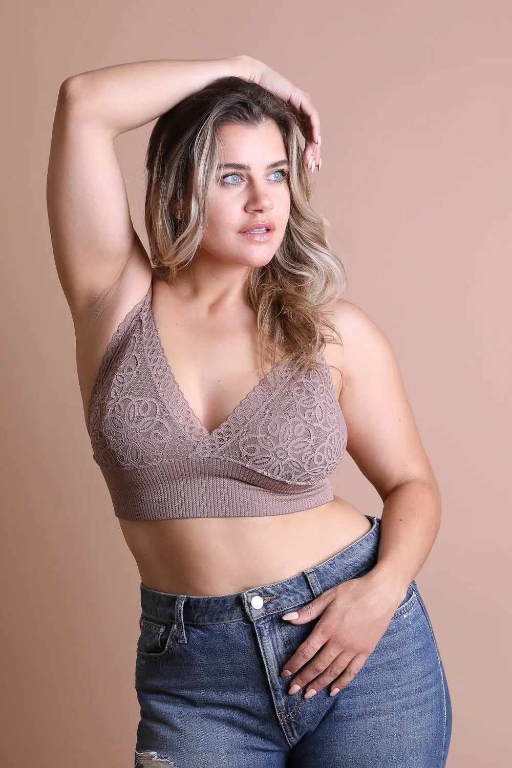Plus size lace mocha brami top with loop waistband for layering.