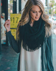 Pointelle Fringe Infinity Scarves Black