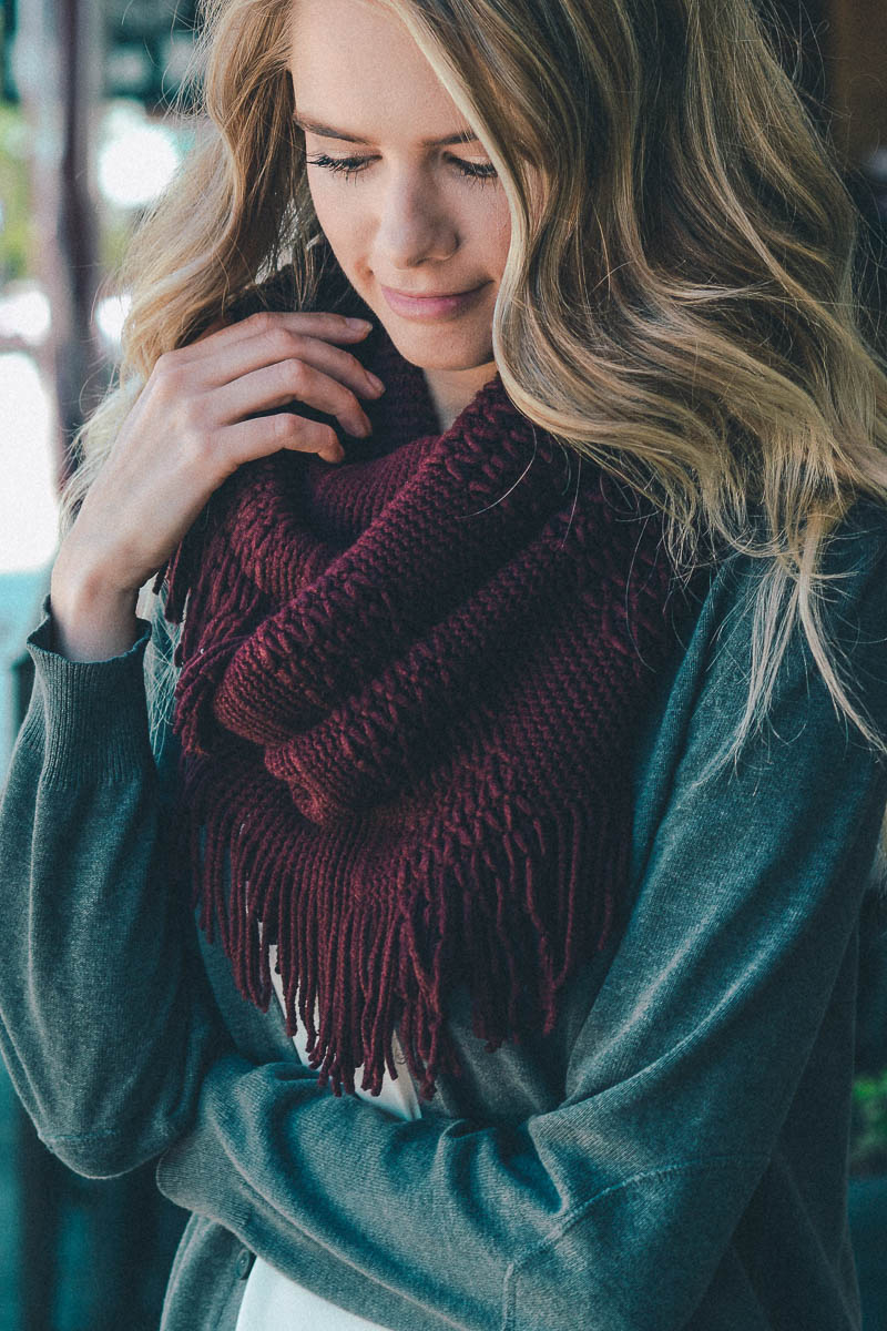 Pointelle Fringe Infinity Scarves Burgundy