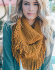 Pointelle Fringe Infinity Scarves Mustard