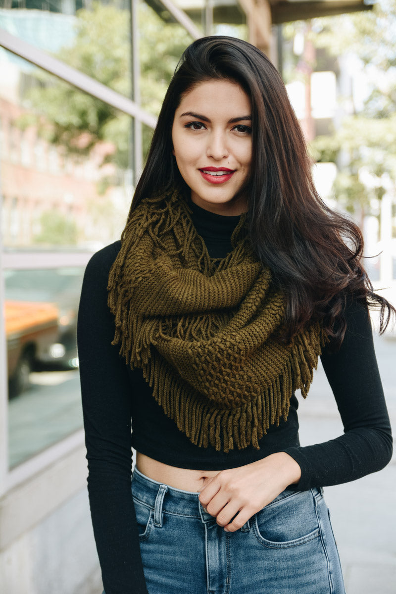 Pointelle Fringe Infinity Scarves Olive