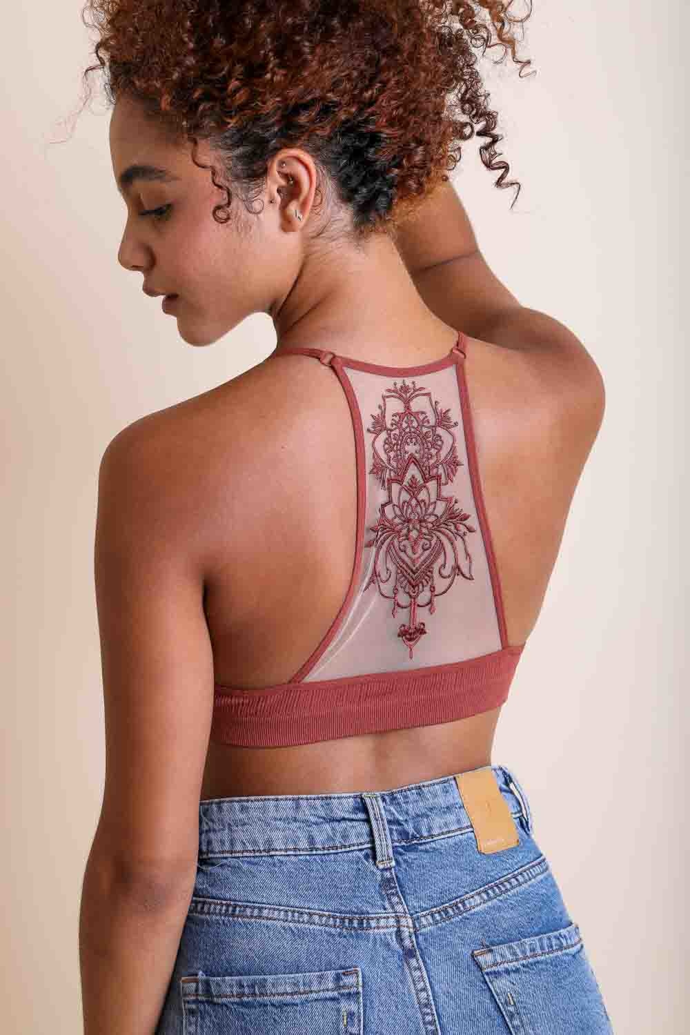 Racerback tattoo back rust bralette for lightweight layering.