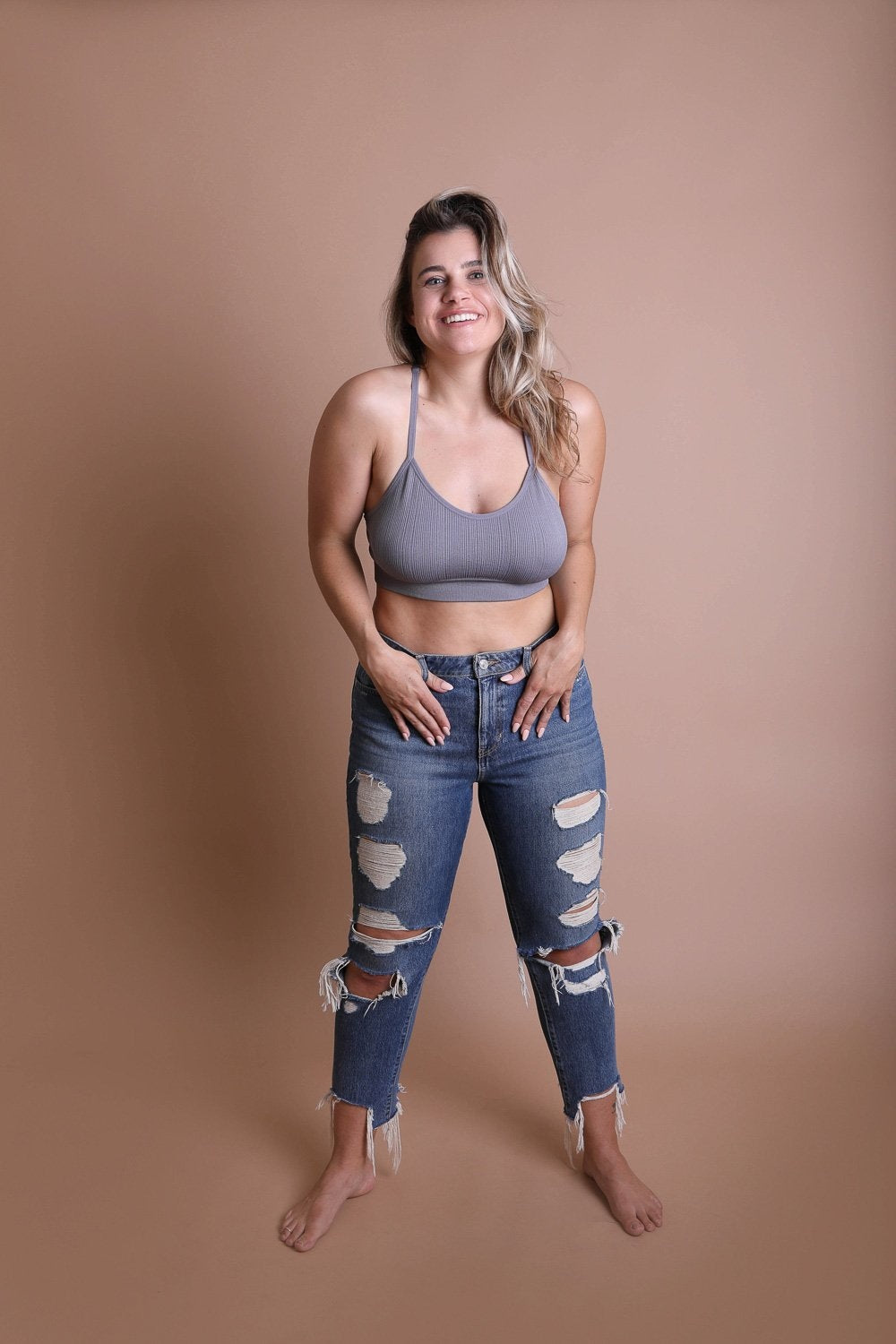 Racerback tattoo back gray bralette with soft lightweight fabric.