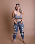 Racerback tattoo back gray bralette with soft lightweight fabric.