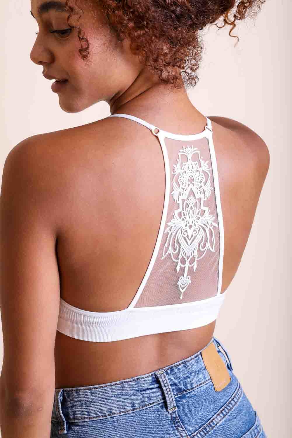 Racerback tattoo back ivory bralette with mesh embroidery.