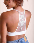 Racerback tattoo back ivory bralette with mesh embroidery.