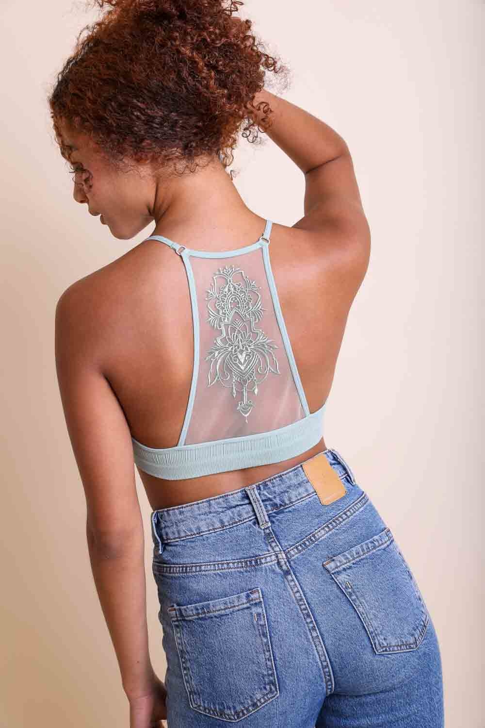 Racerback tattoo back sage bralette with soft stretchy fabric.