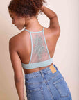 Racerback tattoo back sage bralette with soft stretchy fabric.