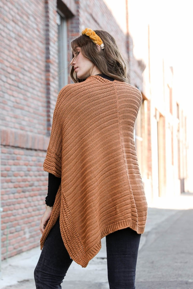 Ribbed Texture Knit Ruana Camel – Lightweight and stylish layering piece for any occasion