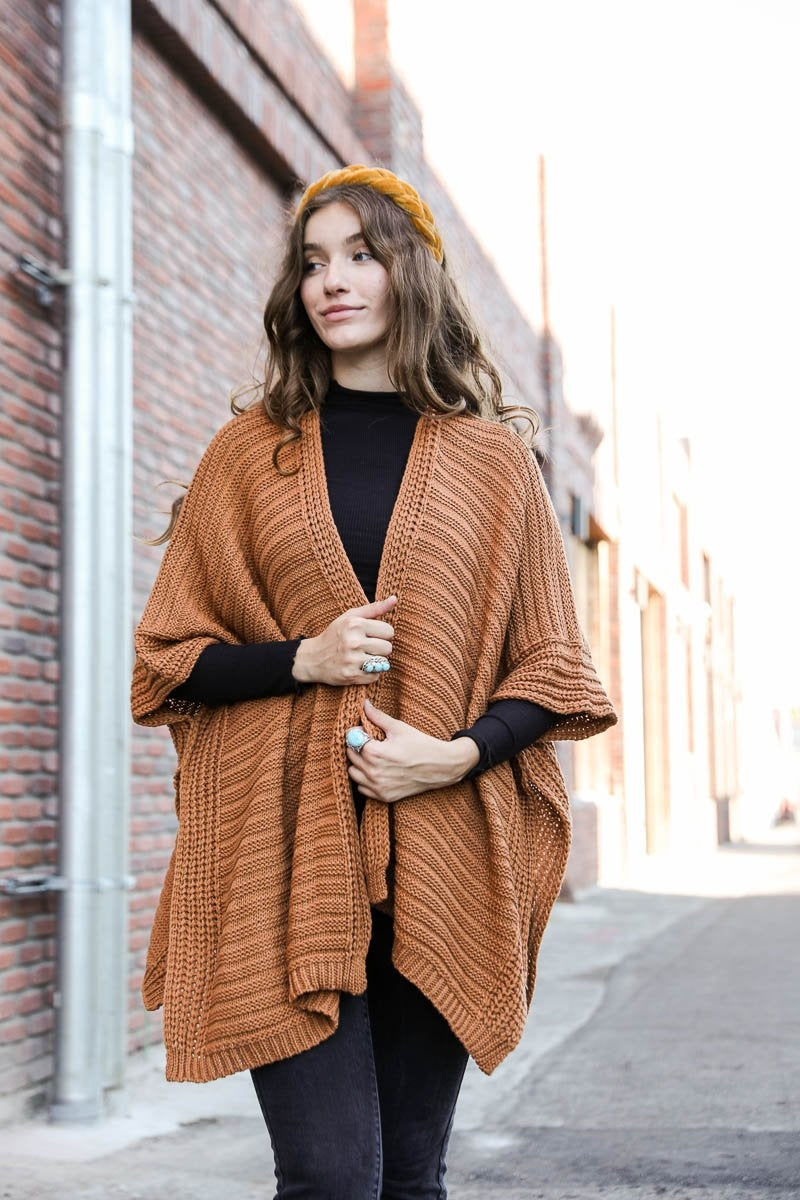 Ridged Rib Knit Ruana Camel – A versatile layering wrap perfect for transitional weather