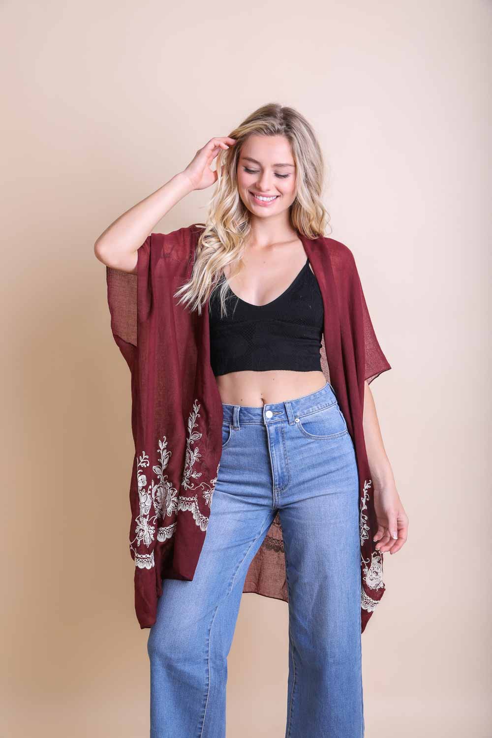 Rosewood open-front floral embroidered stitch kimono, perfect for layering.