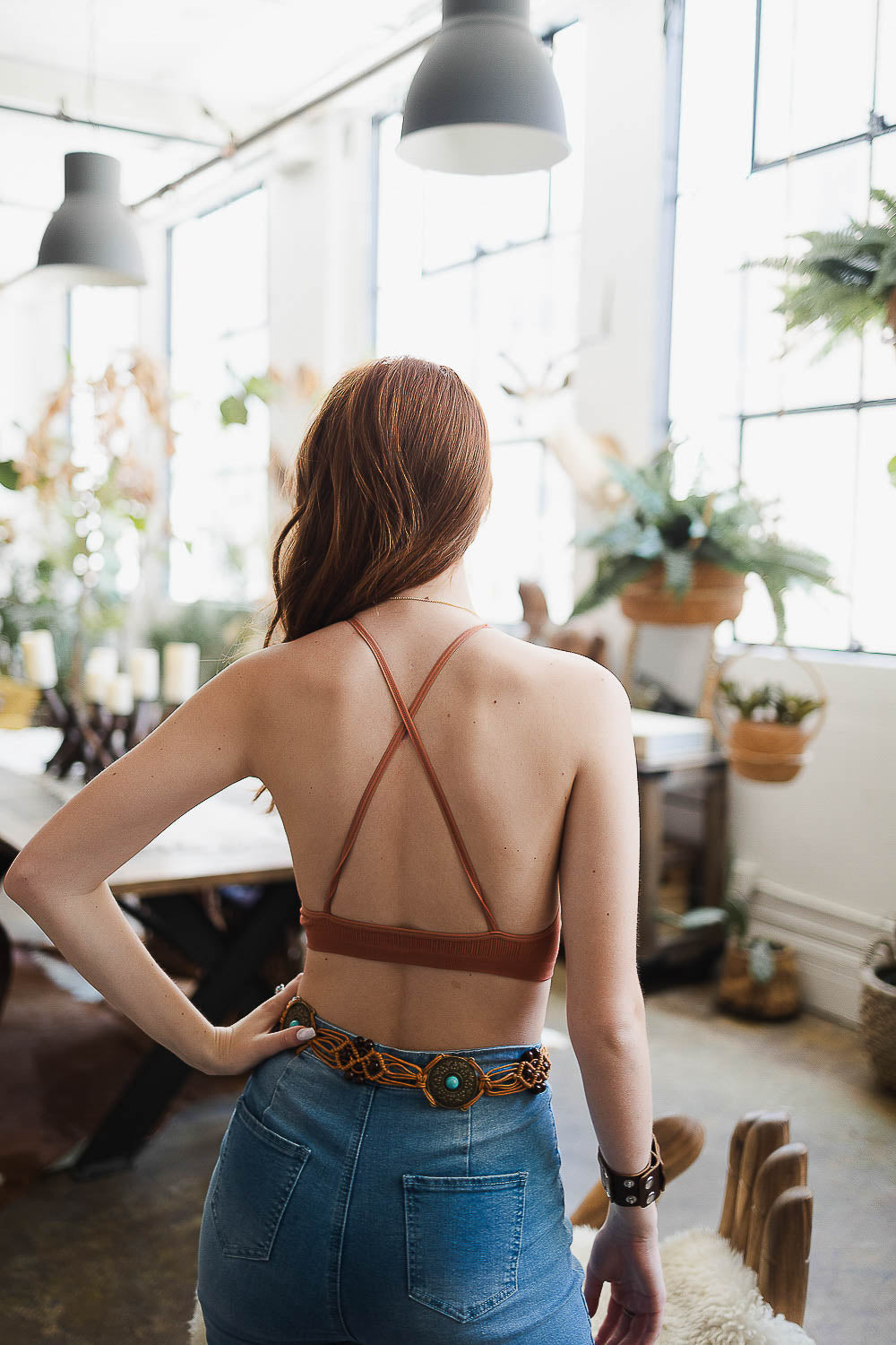 Rust crochet lace high neck bralette plus size with soft fit.