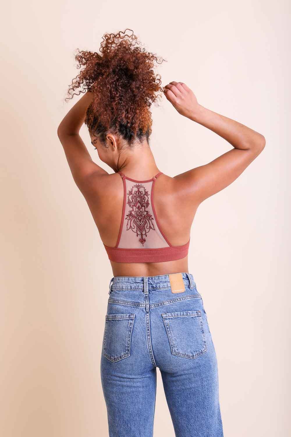 Seamless mesh tattoo back rust bralette with elegant look.