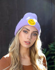 Smiley Face Ribbed Beanie Beanies Lavender