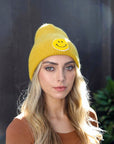 Smiley Face Ribbed Beanie Beanies Mustard