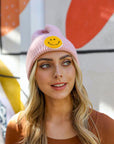 Smiley Face Ribbed Beanie Beanies Pink