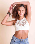 Soft crochet lace high neck ivory bralette with elegant fit.