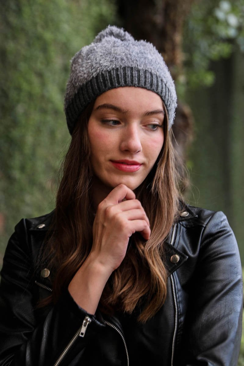 Soft Furry Pom Knit Beanie Hats &amp; Hair Charcoal