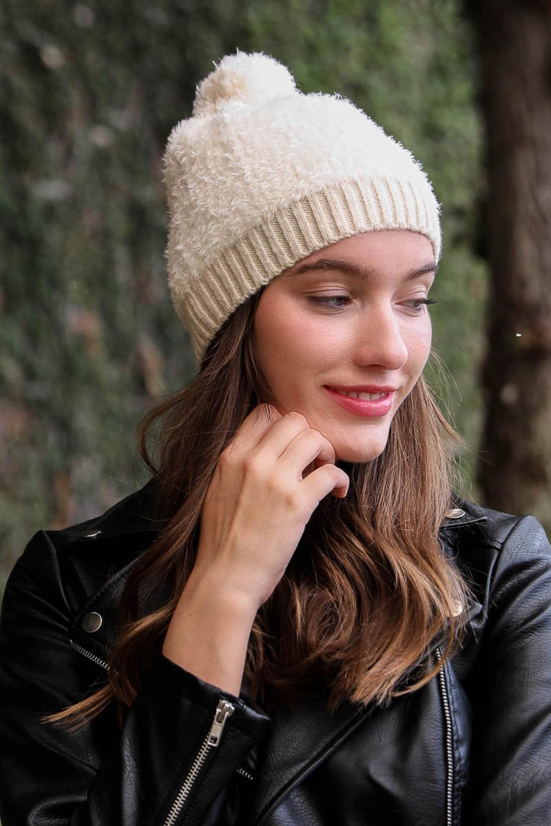 Soft Furry Pom Knit Beanie Hats &amp; Hair Ivory