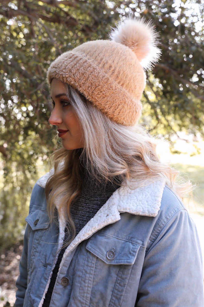 Soft Mohair Pom Beanie Hats &amp; Hair Camel