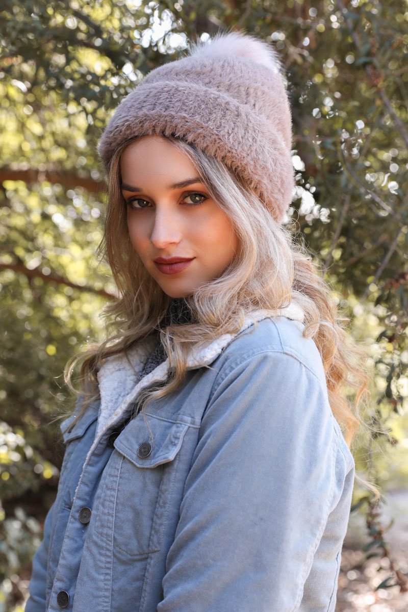 Soft Mohair Pom Beanie Hats &amp; Hair Gray