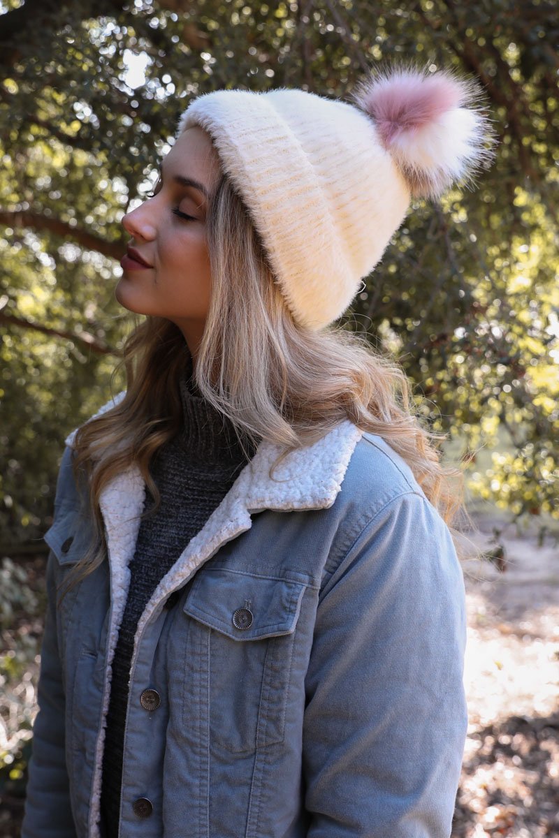 Soft Mohair Pom Beanie Hats &amp; Hair Ivory