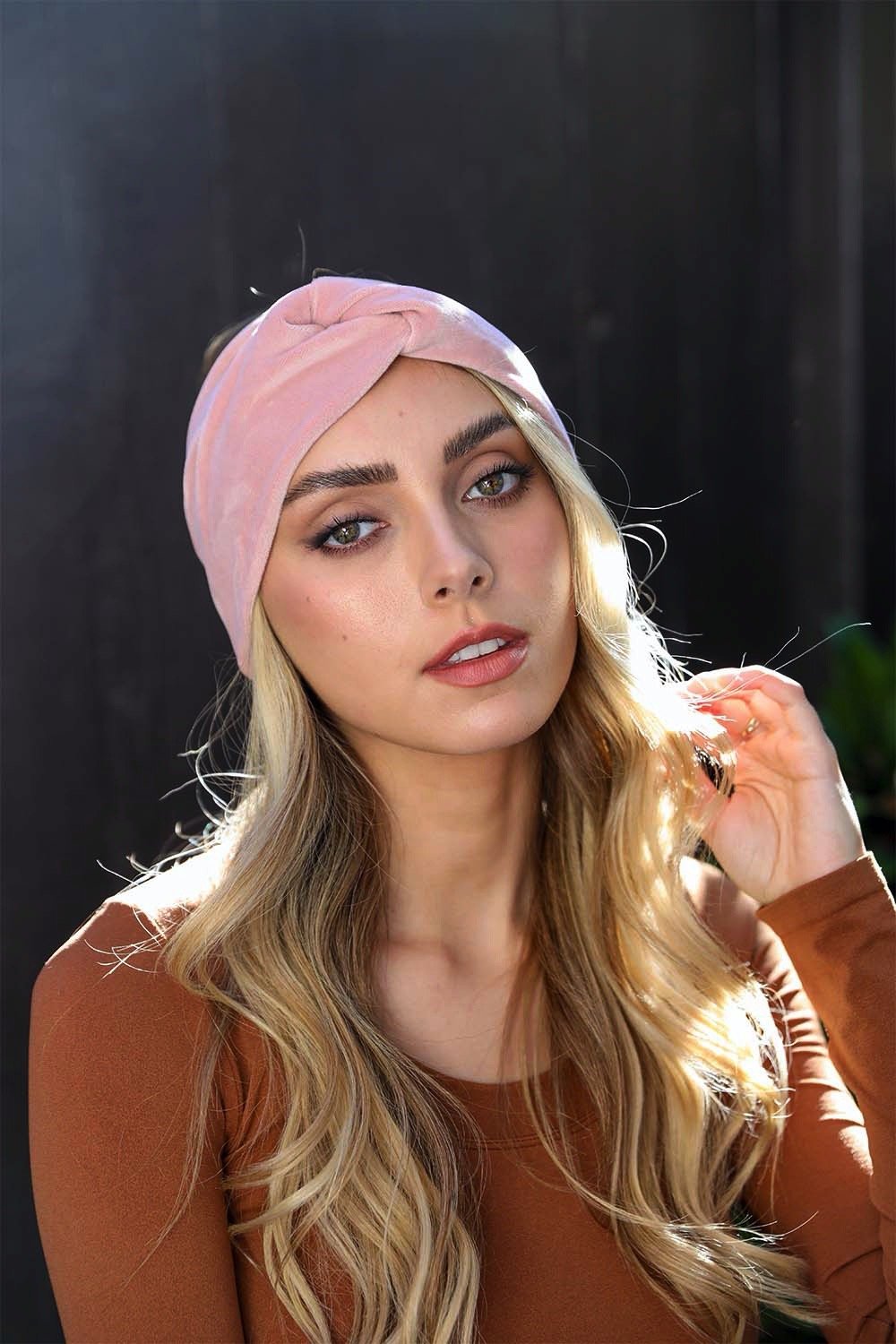 Soft turban twist blush headbands, lightweight and comfortable.