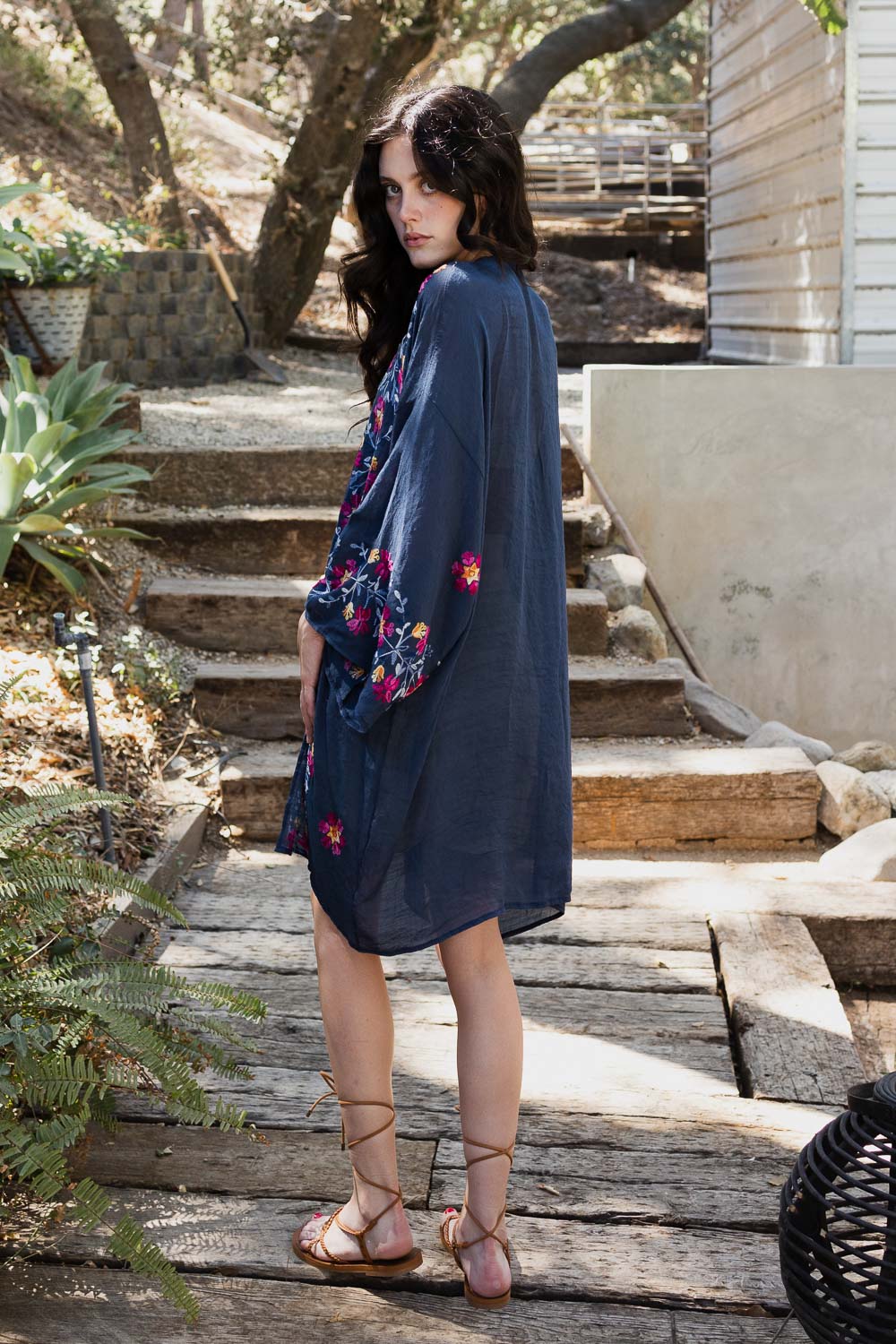 Sophisticated anemone floral navy kimono wrap for versatile style.