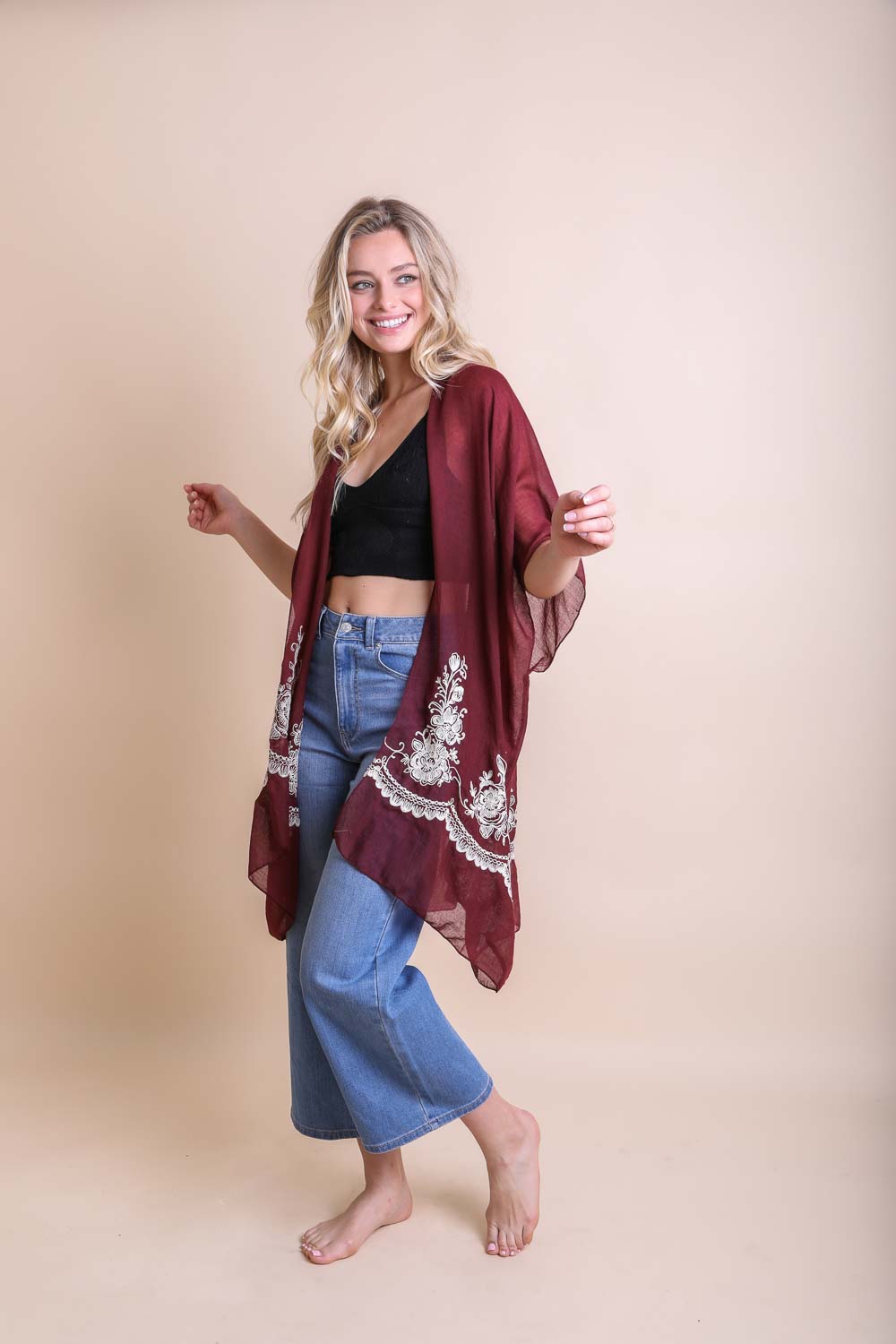 Sophisticated rosewood floral kimono wrap with chic embroidery design.