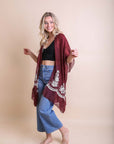 Sophisticated rosewood floral kimono wrap with chic embroidery design.