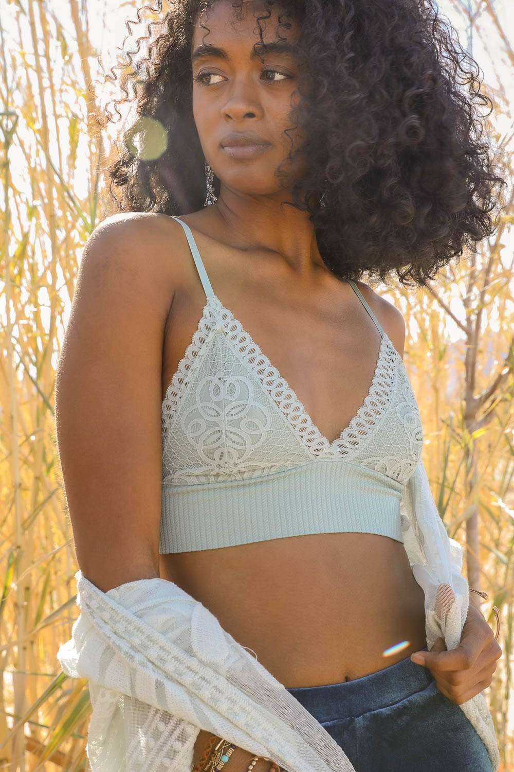 Stretchy lace sage brami with intricate loop waistband detail.