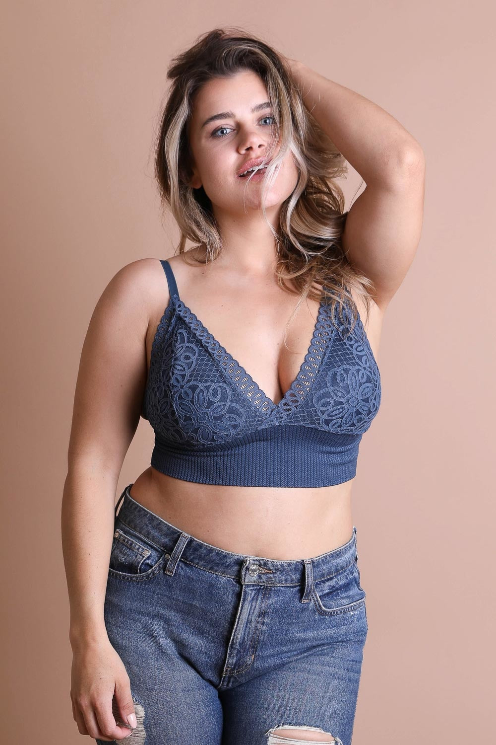 Stretchy plus size lace blue brami with waistband loop detail.