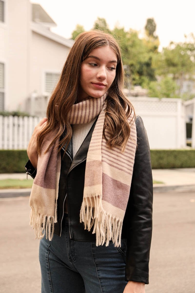 Striped Woven Tassel Scarf Scarves Mauve/Rose