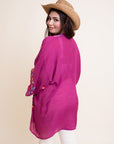 Stylish anemone embroidered fuchsia kimono perfect for any occasion.