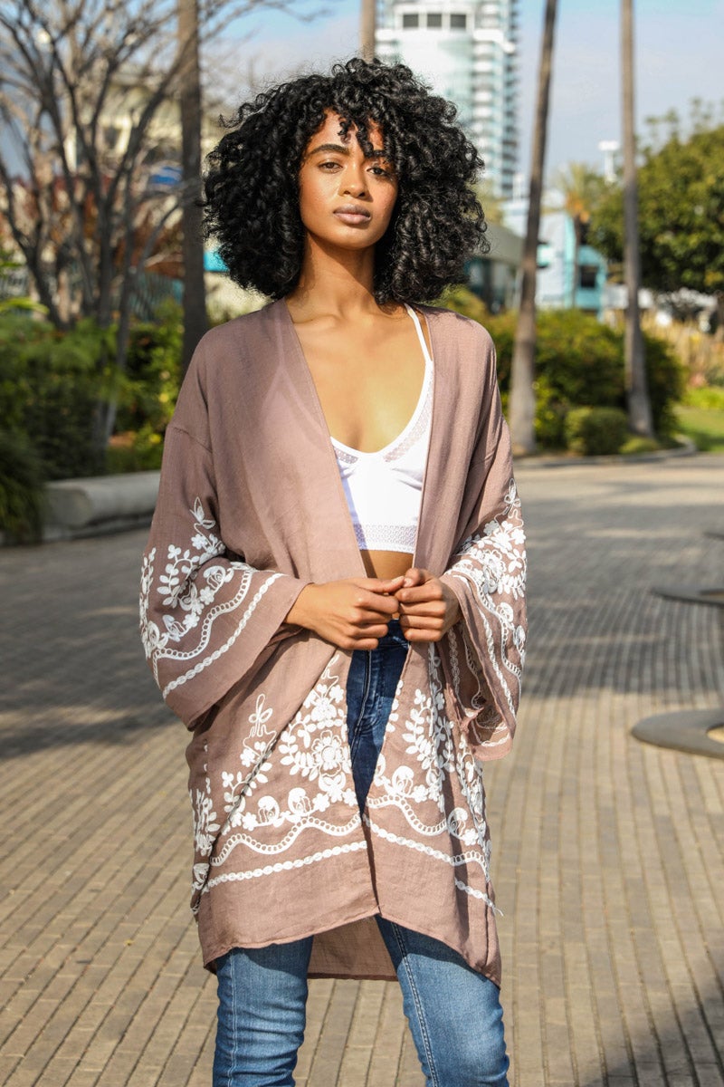 Stylish floral embroidered mocha kimono perfect for any occasion.