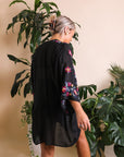 Stylish floral garland embroidered black kimono cardigan.