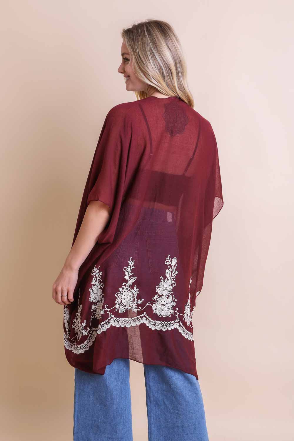 Stylish floral stitch rosewood kimono with breathable viscose polyester blend.