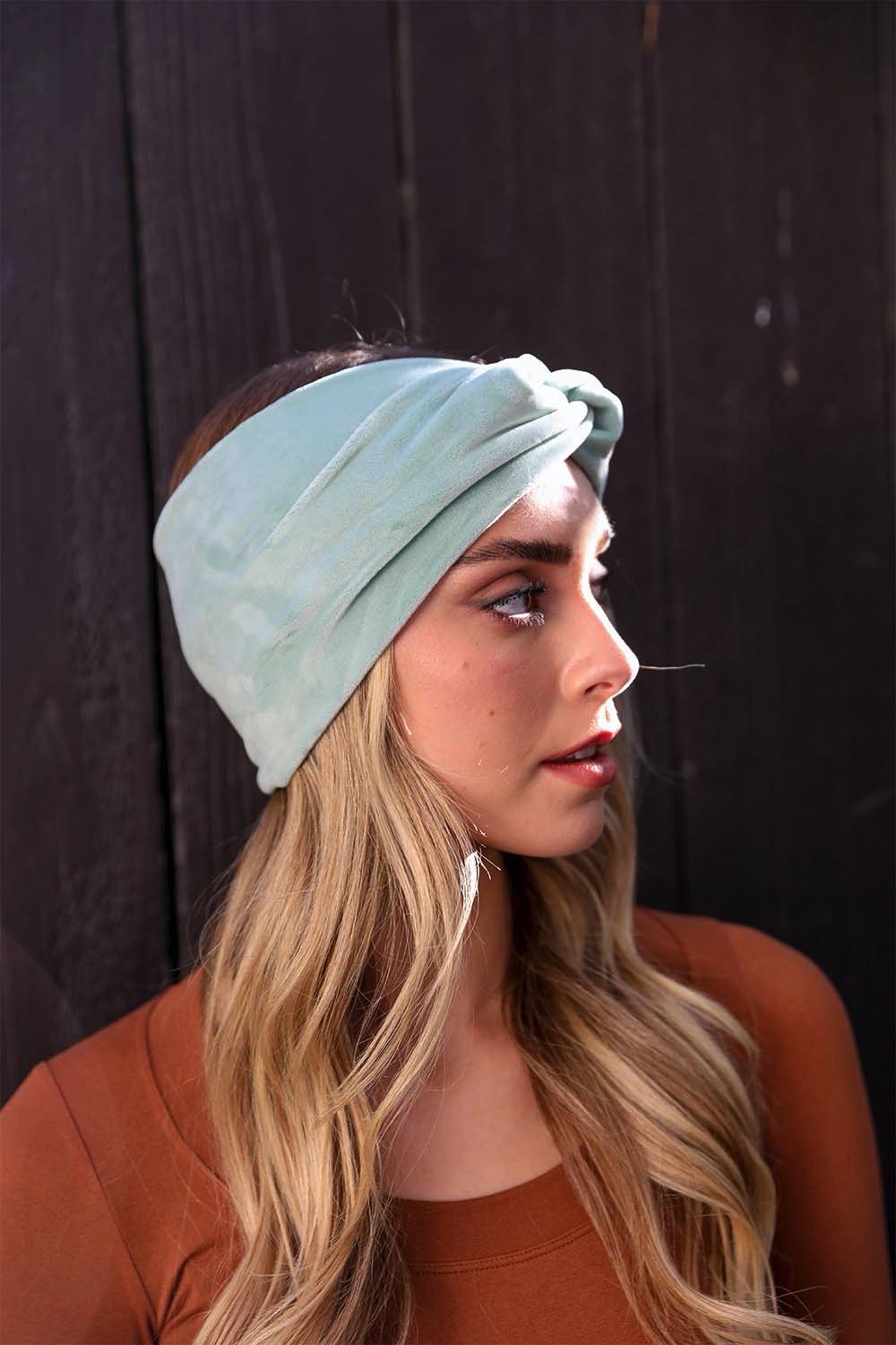 Super soft fabric sage headbands with chic twist design.