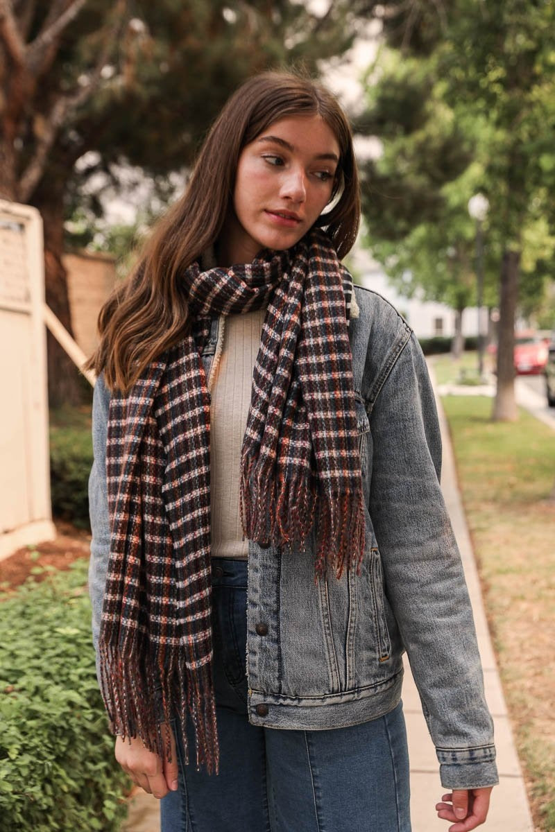 Tartan Woven Tassel Scarf Scarves Black