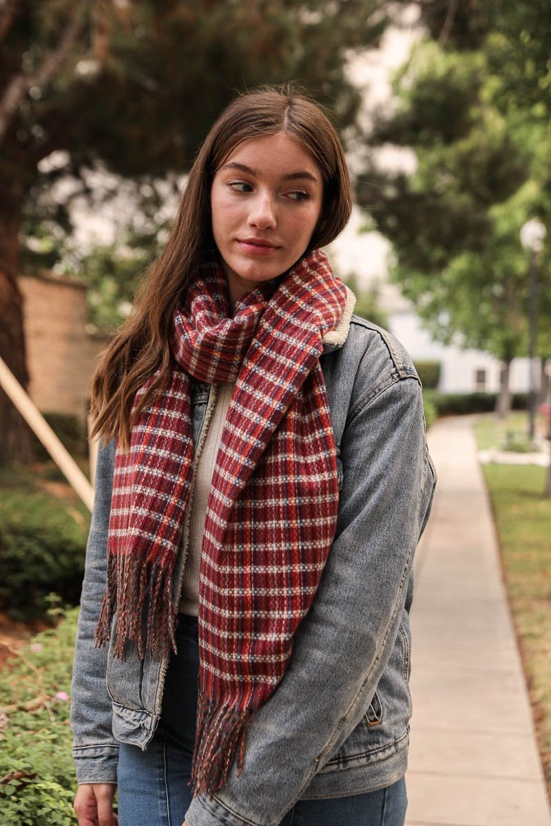 Tartan Woven Tassel Scarf Scarves Burgundy