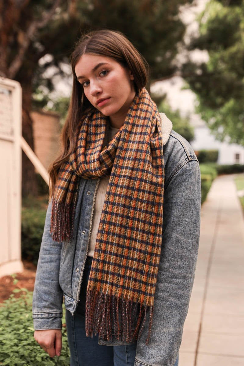 Tartan Woven Tassel Scarf Scarves Mustard