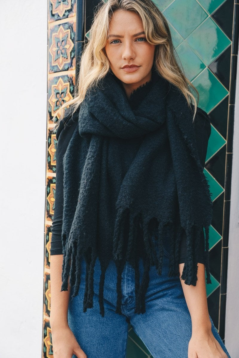 Tassel Trim Blanket Scarf Scarves Black