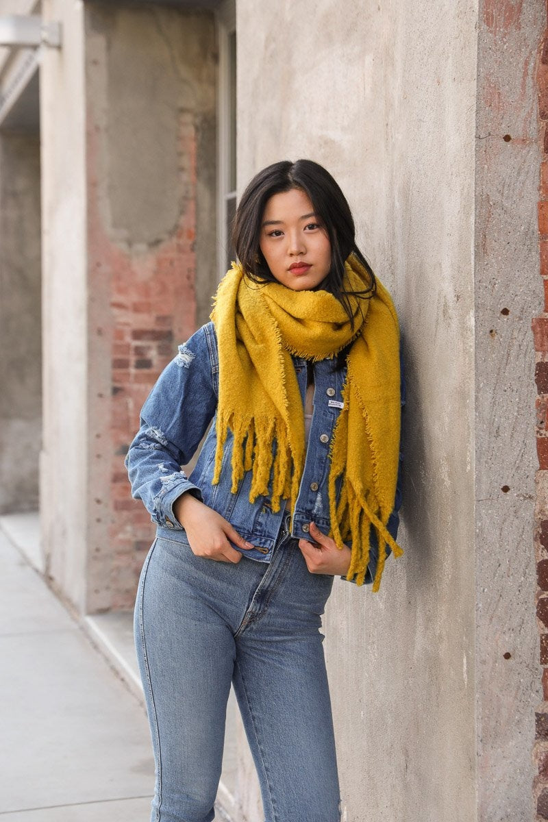 Tassel Trim Blanket Scarf Scarves Mustard