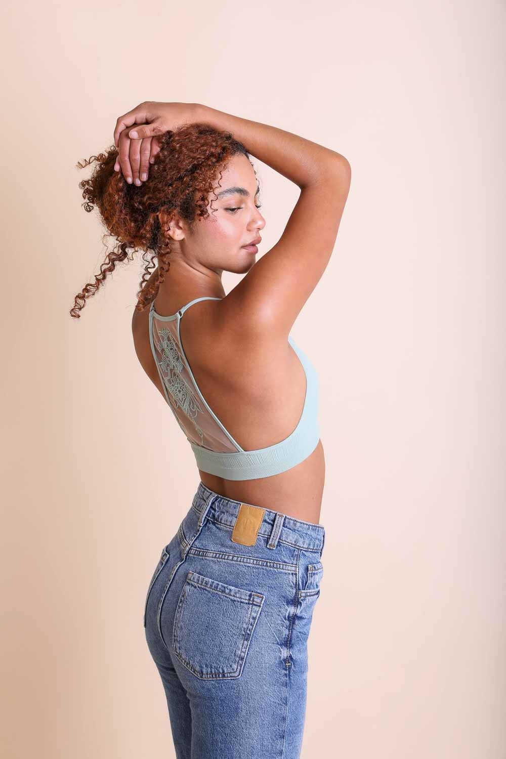 Tattoo back sage bralette with lightweight and seamless fit.