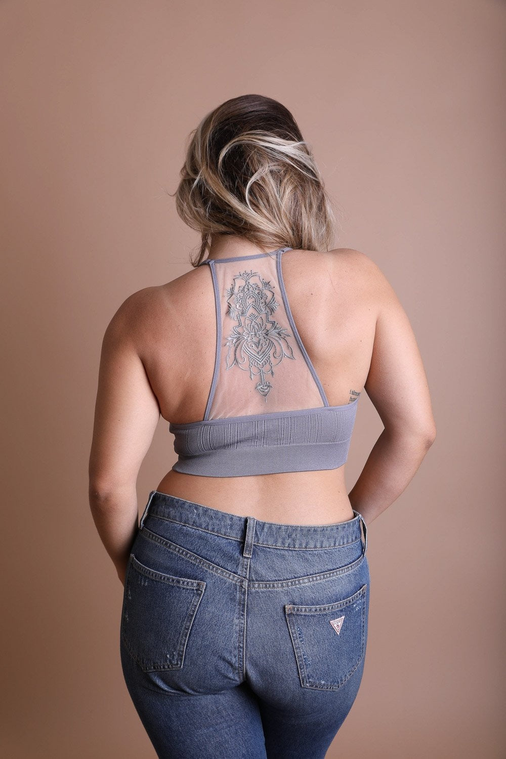 Tattoo back mesh gray bralette with stylish seamless design.