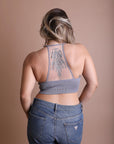 Tattoo back mesh gray bralette with stylish seamless design.