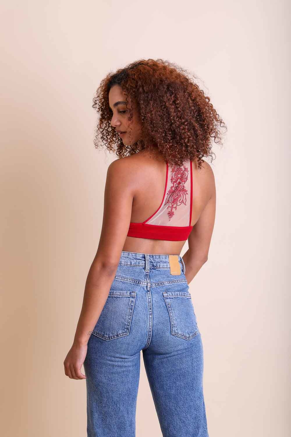 Tattoo back red bralette with embroidered mesh racerback style.