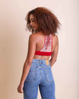 Tattoo back red bralette with embroidered mesh racerback style.