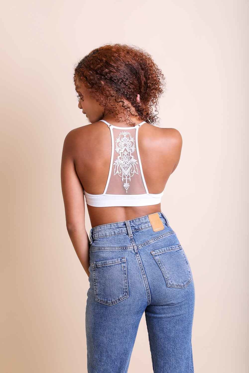 Tattoo style back ivory bralette with lightweight fabric.