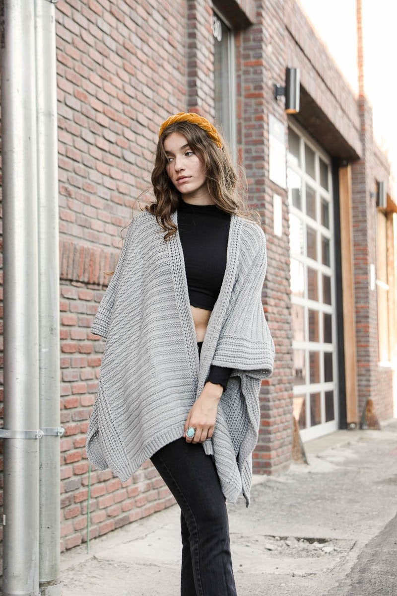 Transitional Gray Ribbed Knit Ruana – Features a draped open-front design for effortless style